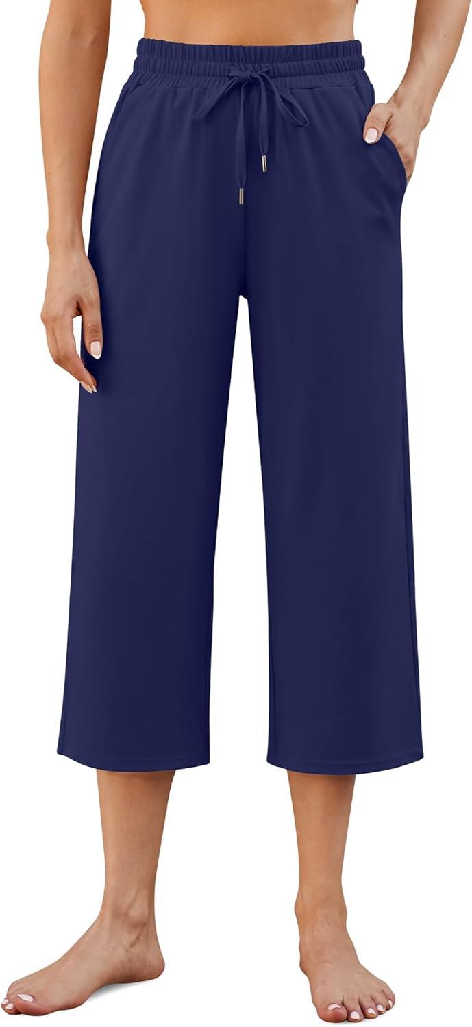 imageG4Free Wide Leg Pants for Women Yoga Capris with Pockets Drawstring Casual Cropped Pants for SummerRoyal Blue