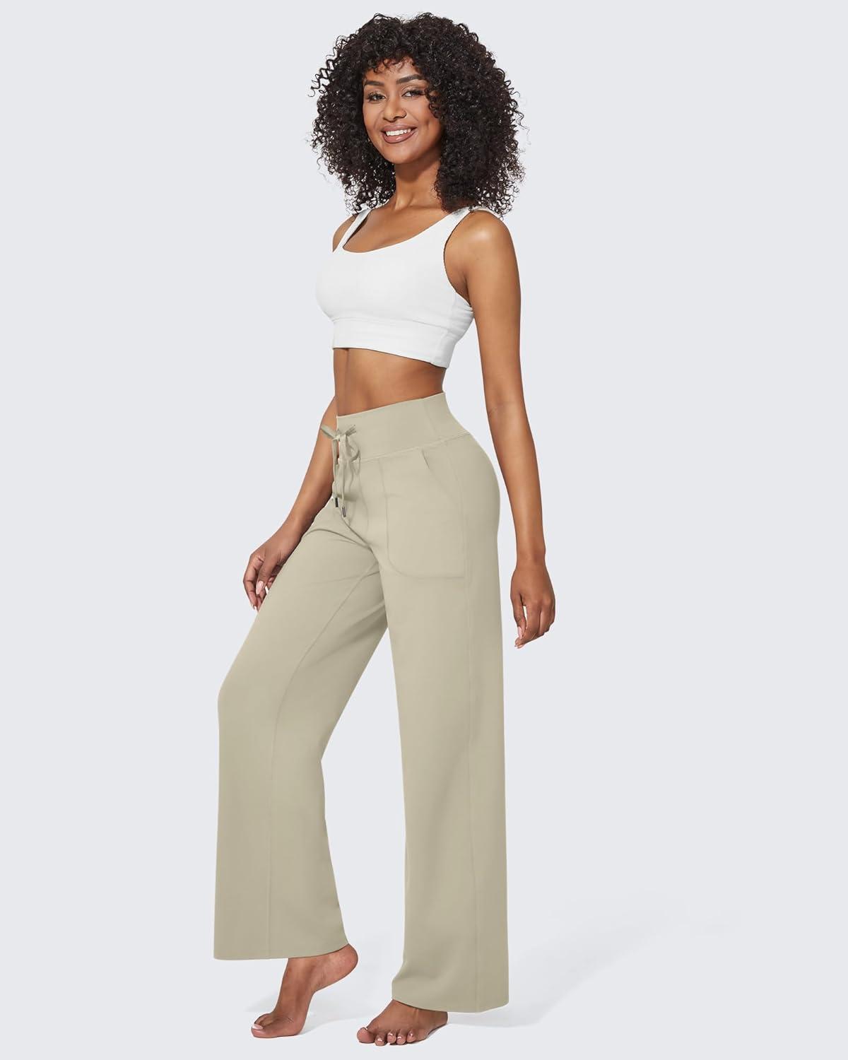 imageG4Free Wide Leg Pants for Women Yoga Pants High Waist Sweatpants with Pockets Stretch Lounge Pants Comfy WorkoutApricot