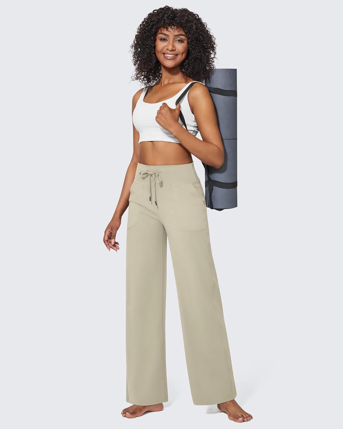 imageG4Free Wide Leg Pants for Women Yoga Pants High Waist Sweatpants with Pockets Stretch Lounge Pants Comfy WorkoutApricot