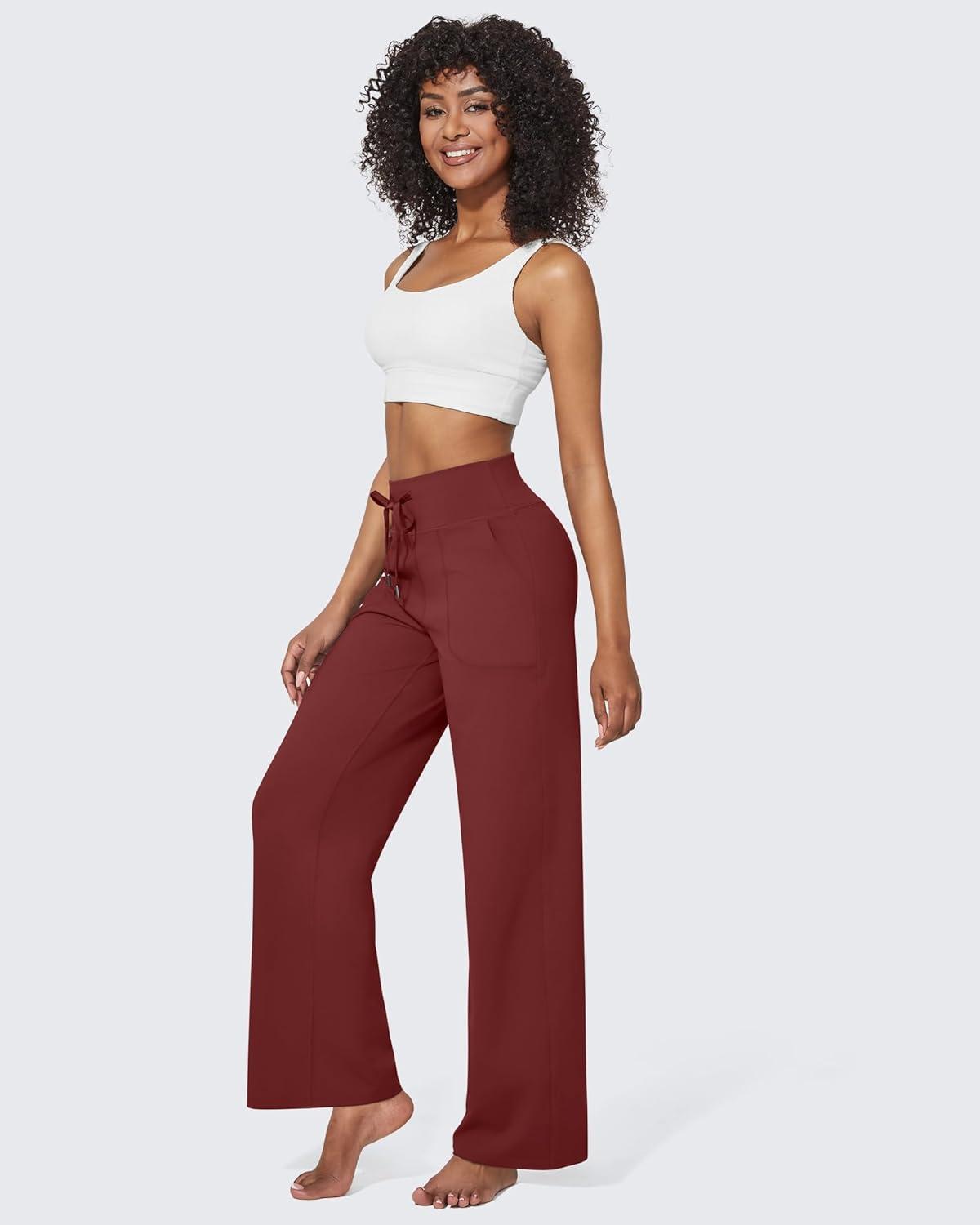 imageG4Free Wide Leg Pants for Women Yoga Pants High Waist Sweatpants with Pockets Stretch Lounge Pants Comfy WorkoutDark Burgundy