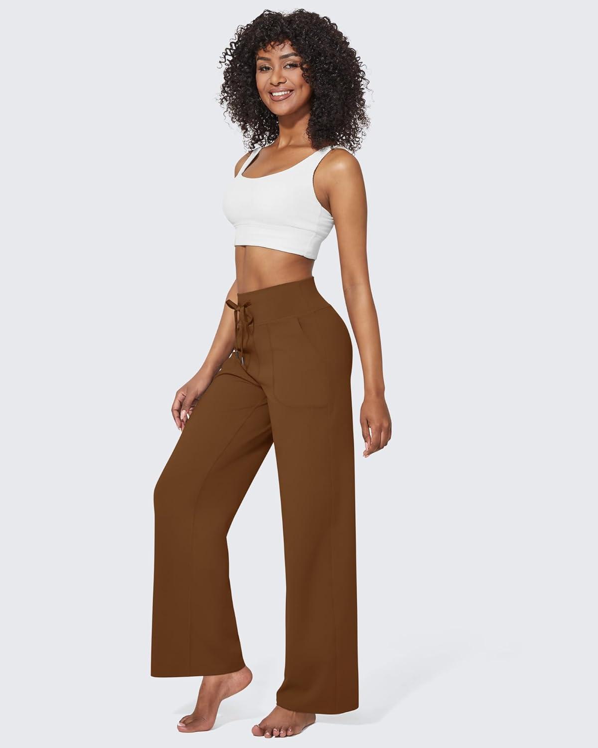 imageG4Free Wide Leg Pants for Women Yoga Pants High Waist Sweatpants with Pockets Stretch Lounge Pants Comfy WorkoutDark Coffee