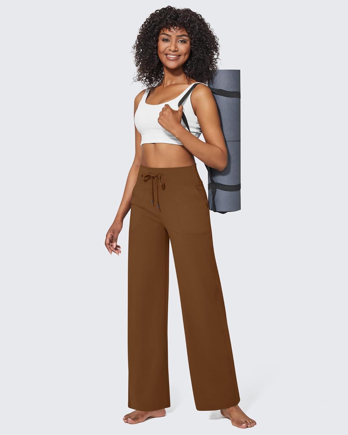 imageG4Free Wide Leg Pants for Women Yoga Pants High Waist Sweatpants with Pockets Stretch Lounge Pants Comfy WorkoutDark Coffee