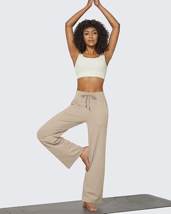 imageG4Free Wide Leg Pants for Women Yoga Pants High Waist Sweatpants with Pockets Stretch Lounge Pants Comfy WorkoutKhaki
