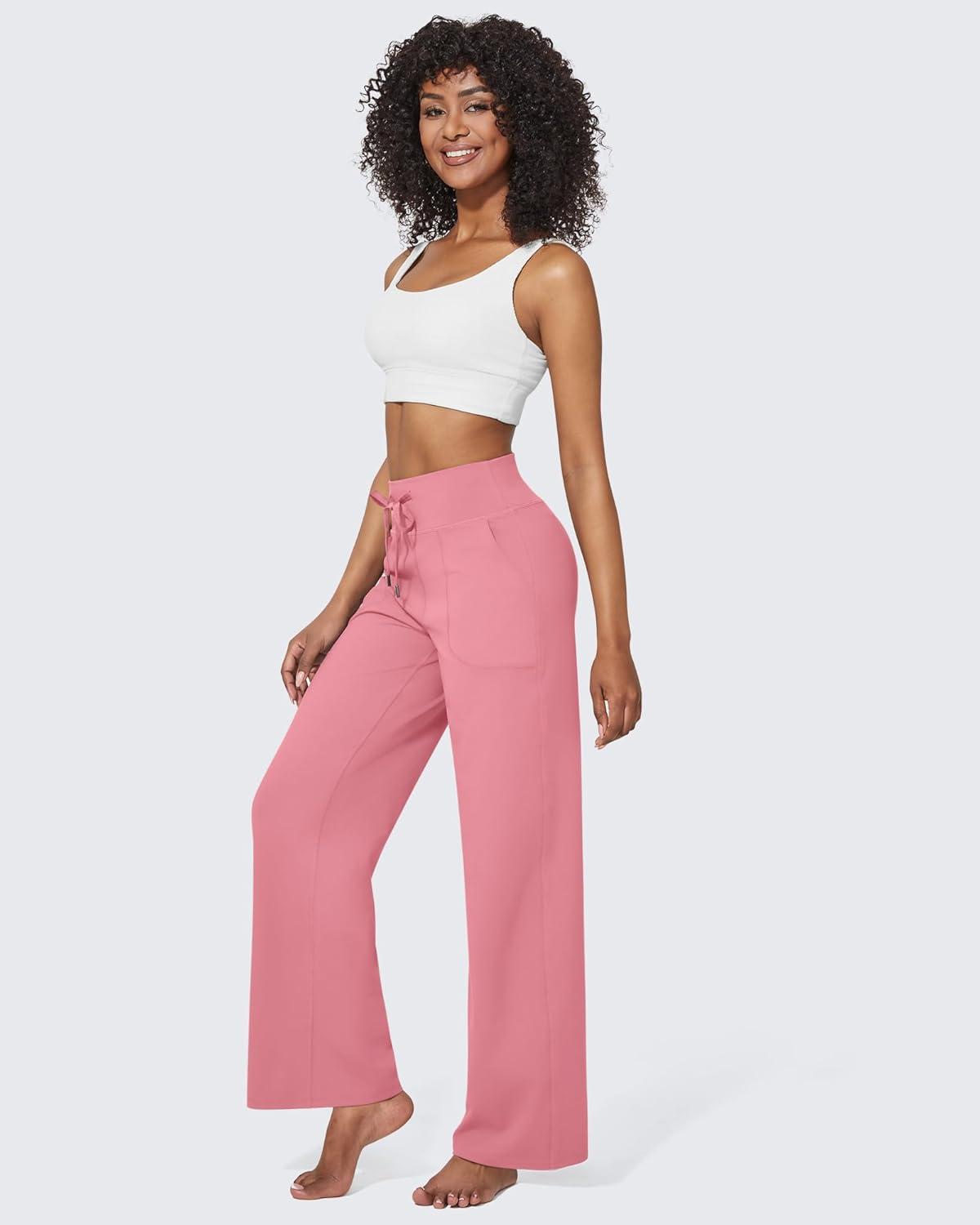 imageG4Free Wide Leg Pants for Women Yoga Pants High Waist Sweatpants with Pockets Stretch Lounge Pants Comfy WorkoutPink