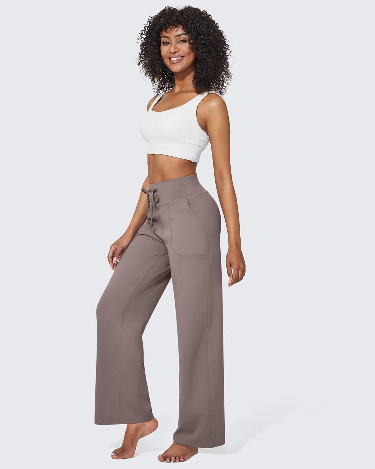 imageG4Free Wide Leg Pants for Women Yoga Pants High Waist Sweatpants with Pockets Stretch Lounge Pants Comfy WorkoutTaupe