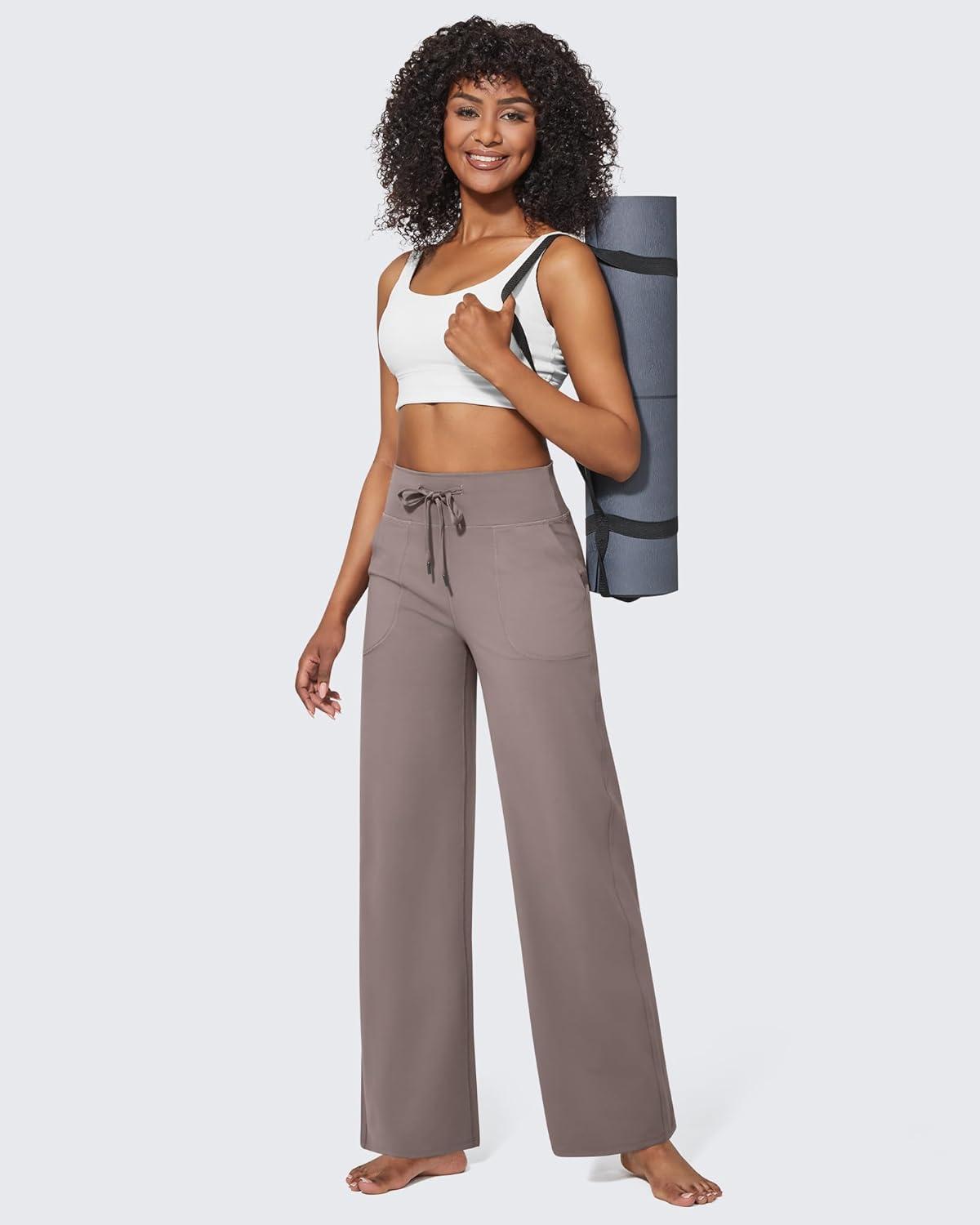 imageG4Free Wide Leg Pants for Women Yoga Pants High Waist Sweatpants with Pockets Stretch Lounge Pants Comfy WorkoutTaupe