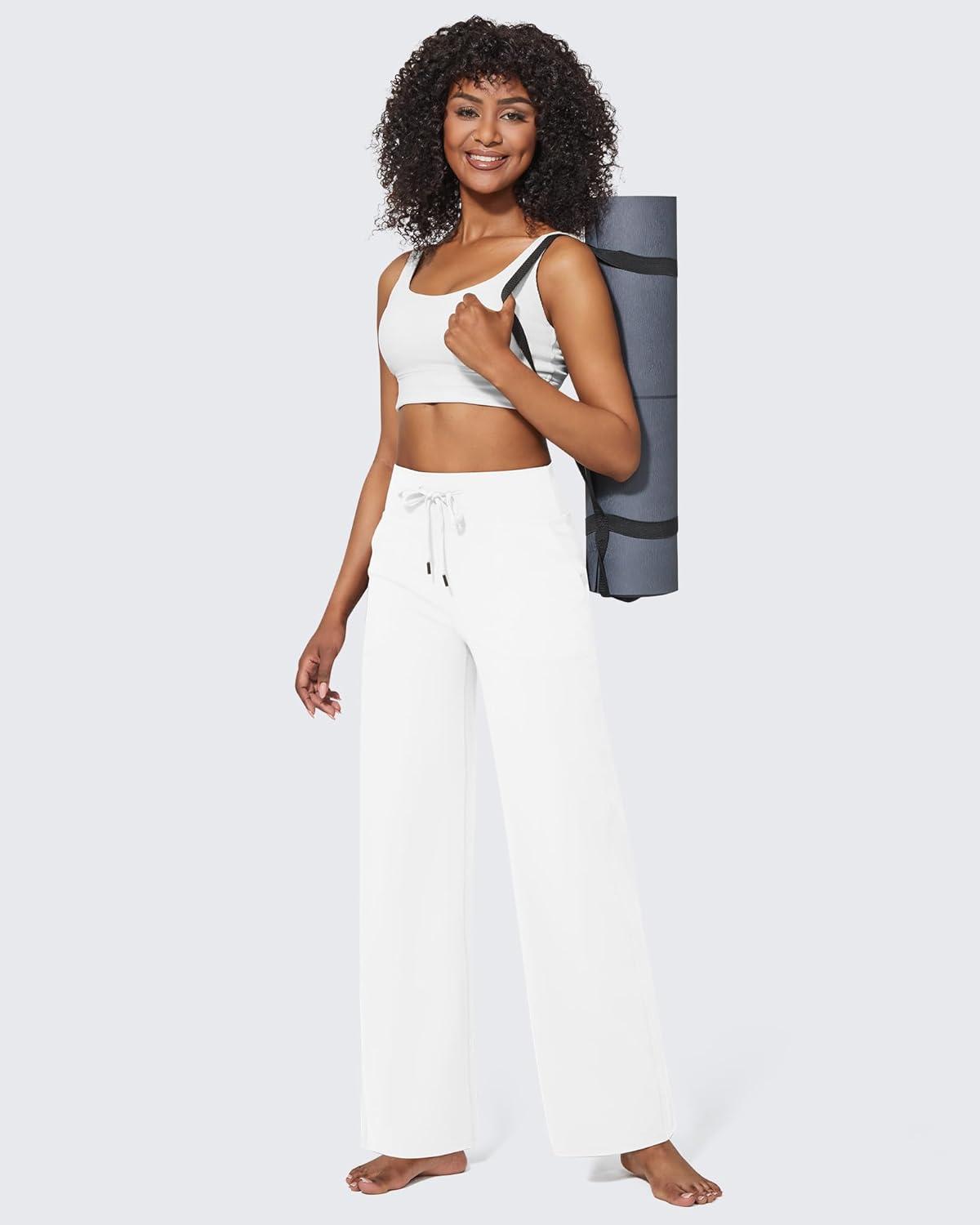 imageG4Free Wide Leg Pants for Women Yoga Pants High Waist Sweatpants with Pockets Stretch Lounge Pants Comfy WorkoutWhite
