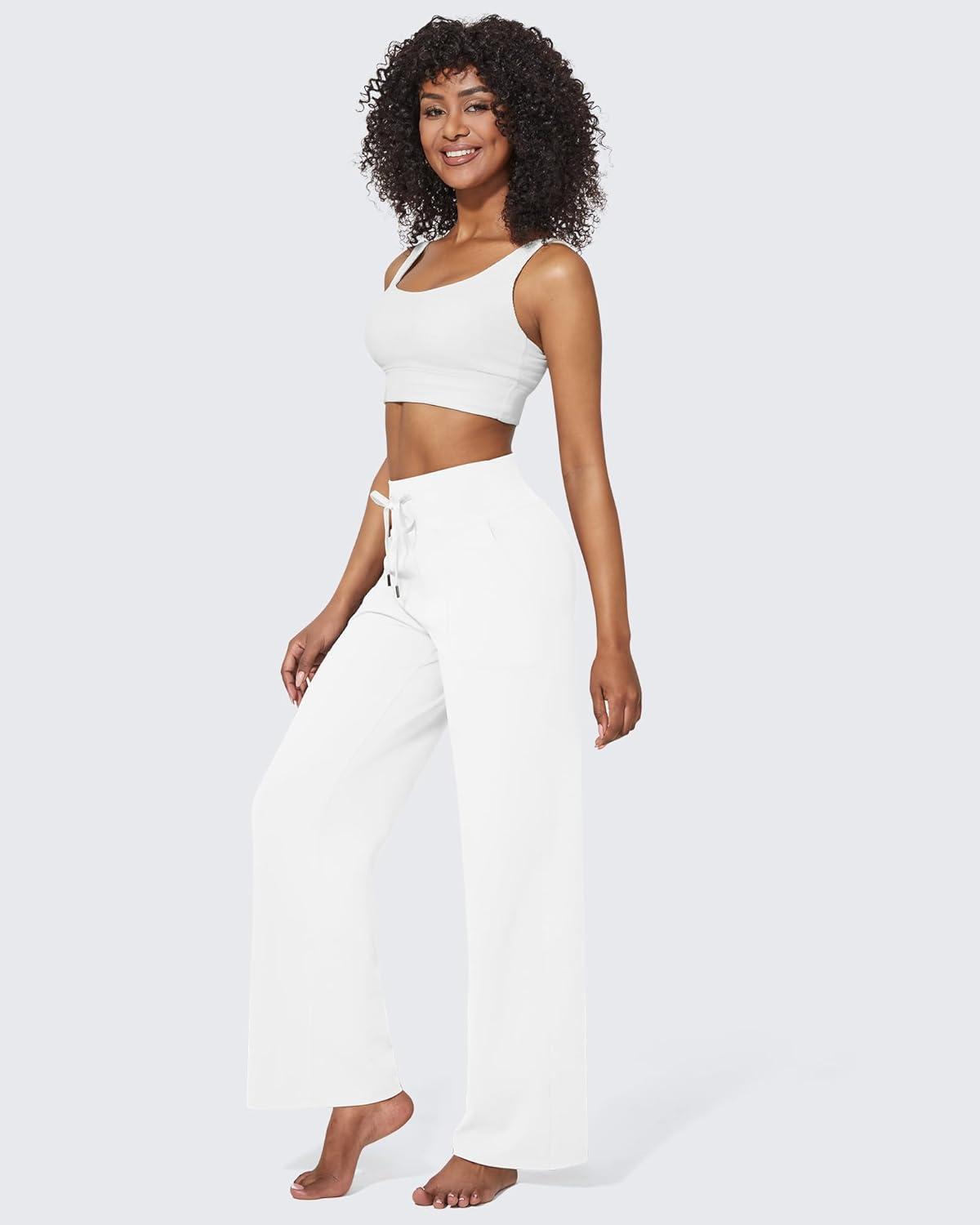 imageG4Free Wide Leg Pants for Women Yoga Pants High Waist Sweatpants with Pockets Stretch Lounge Pants Comfy WorkoutWhite