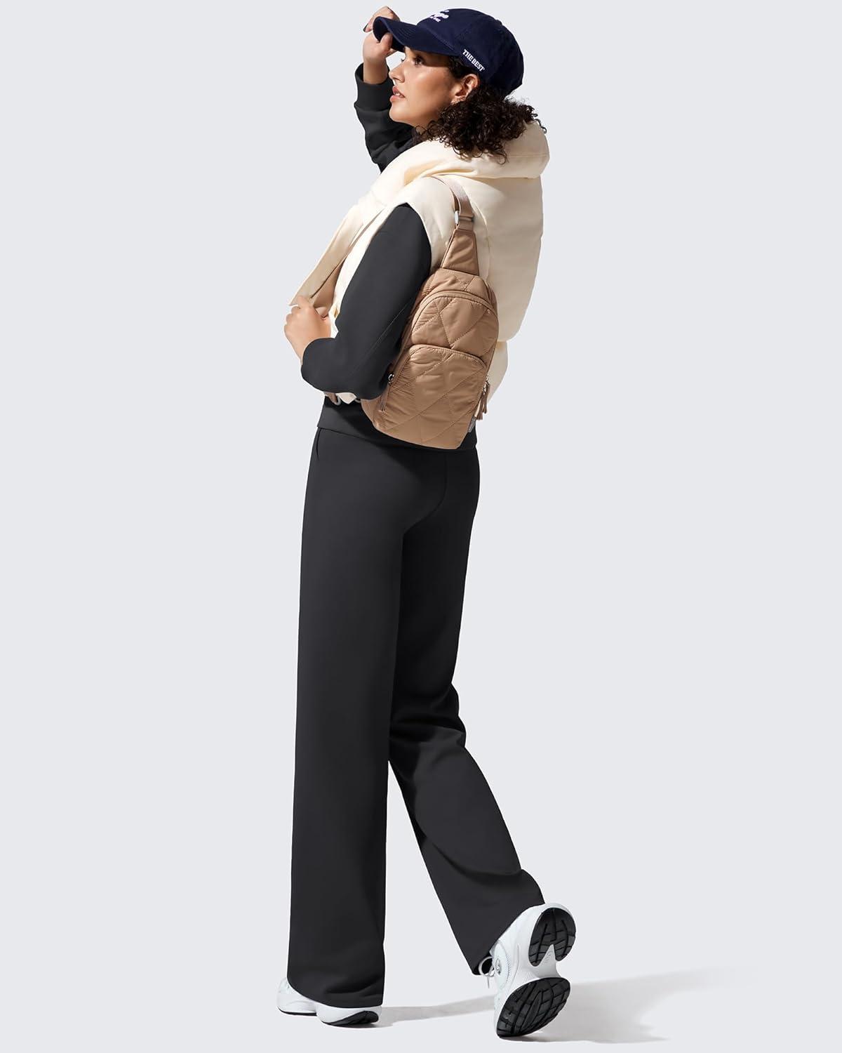 imageG4Free Women Fleece Lined Pants with Pockets Wide Leg Winter Thermal Work Trousers Dressy Casual PetiteRegularTallBlack