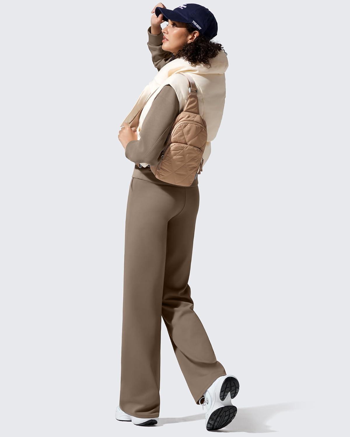 imageG4Free Women Fleece Lined Pants with Pockets Wide Leg Winter Thermal Work Trousers Dressy Casual PetiteRegularTallDark Brown