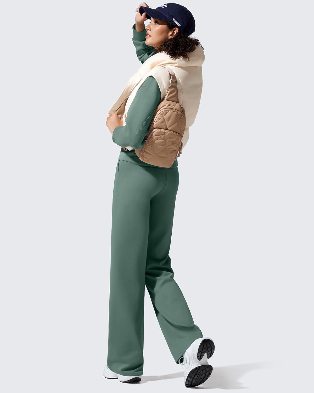 imageG4Free Women Fleece Lined Pants with Pockets Wide Leg Winter Thermal Work Trousers Dressy Casual PetiteRegularTallDark Forest Green