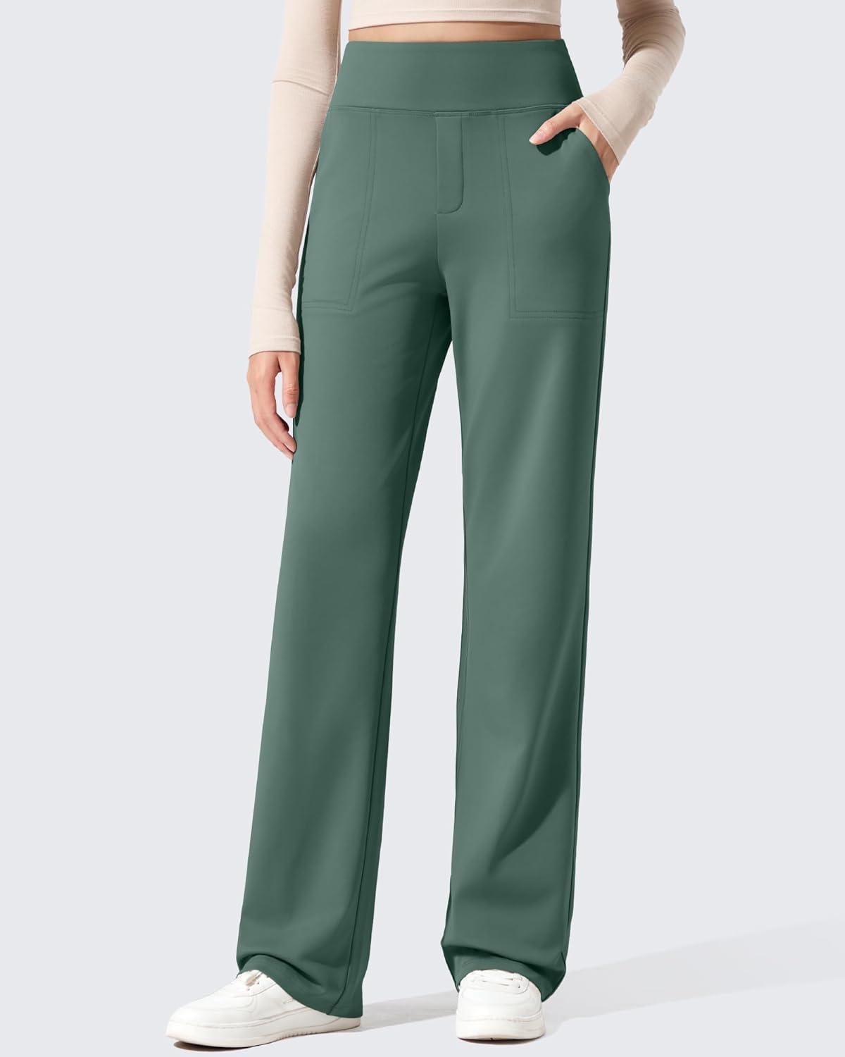 imageG4Free Women Fleece Lined Pants with Pockets Wide Leg Winter Thermal Work Trousers Dressy Casual PetiteRegularTallDark Forest Green
