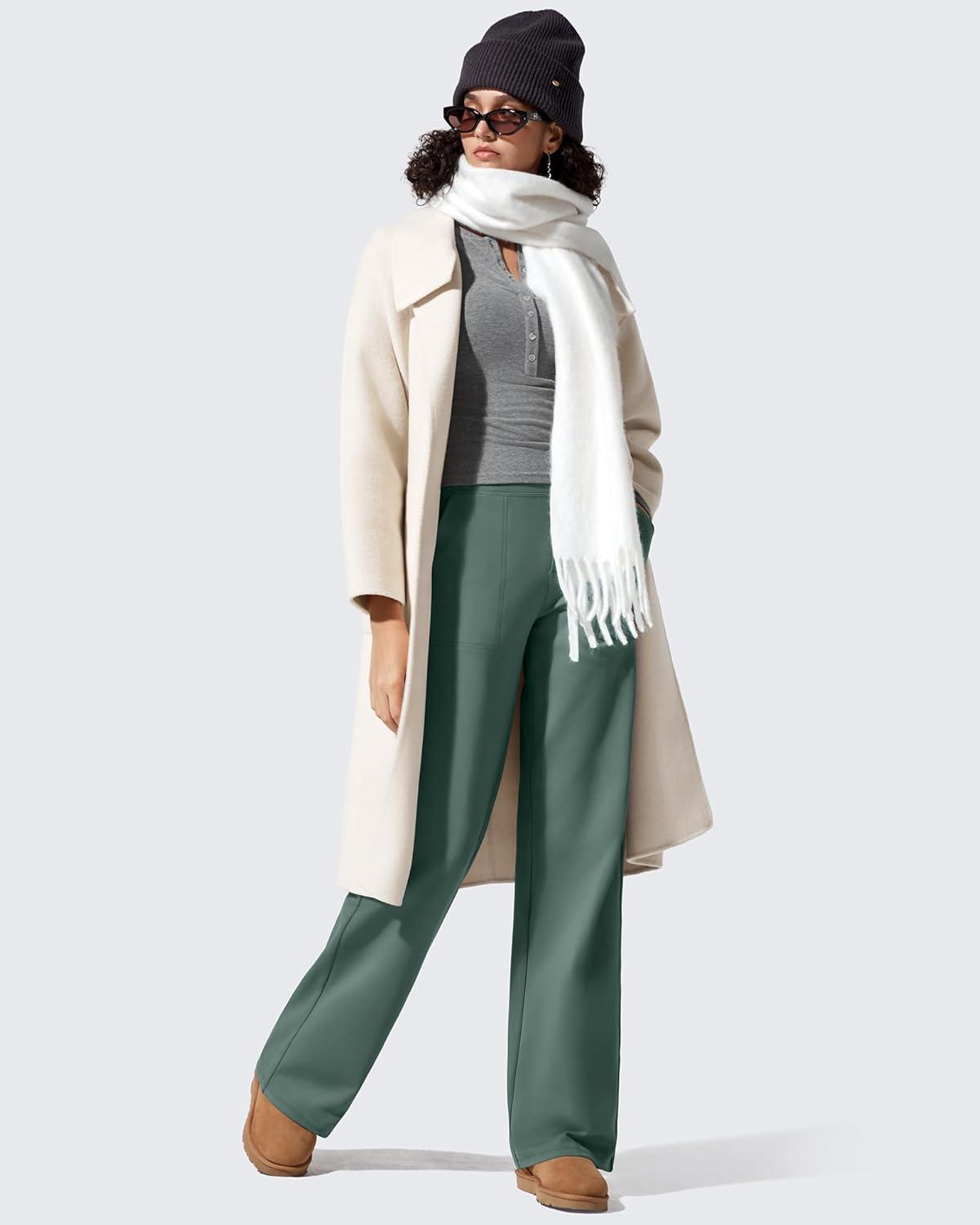 imageG4Free Women Fleece Lined Pants with Pockets Wide Leg Winter Thermal Work Trousers Dressy Casual PetiteRegularTallDark Forest Green