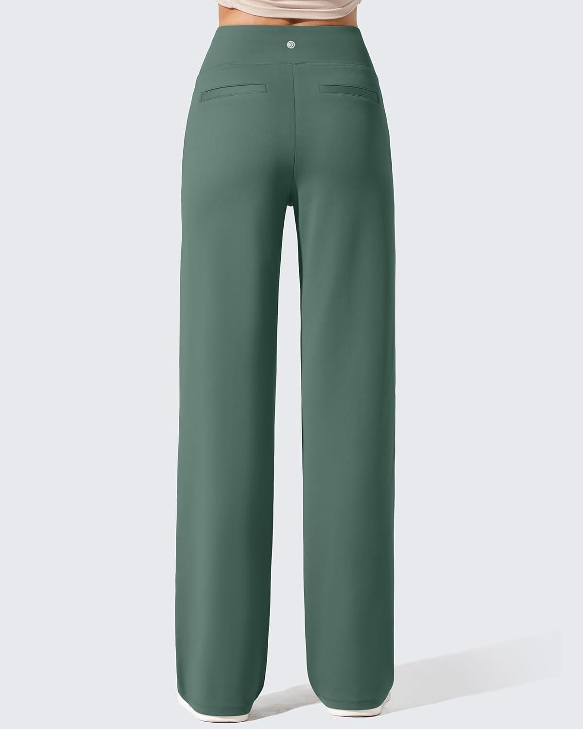 imageG4Free Women Fleece Lined Pants with Pockets Wide Leg Winter Thermal Work Trousers Dressy Casual PetiteRegularTallDark Forest Green