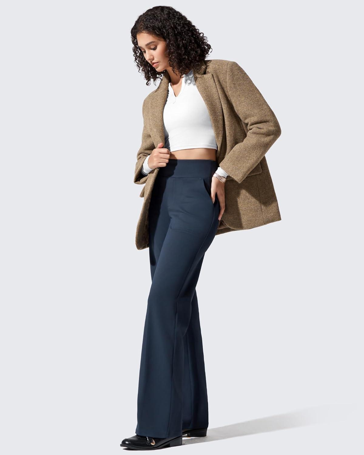 imageG4Free Women Fleece Lined Pants with Pockets Wide Leg Winter Thermal Work Trousers Dressy Casual PetiteRegularTallDeep Navy