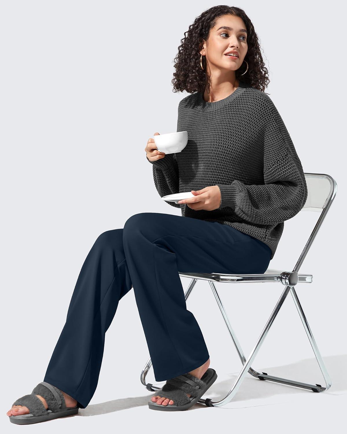 imageG4Free Women Fleece Lined Pants with Pockets Wide Leg Winter Thermal Work Trousers Dressy Casual PetiteRegularTallDeep Navy