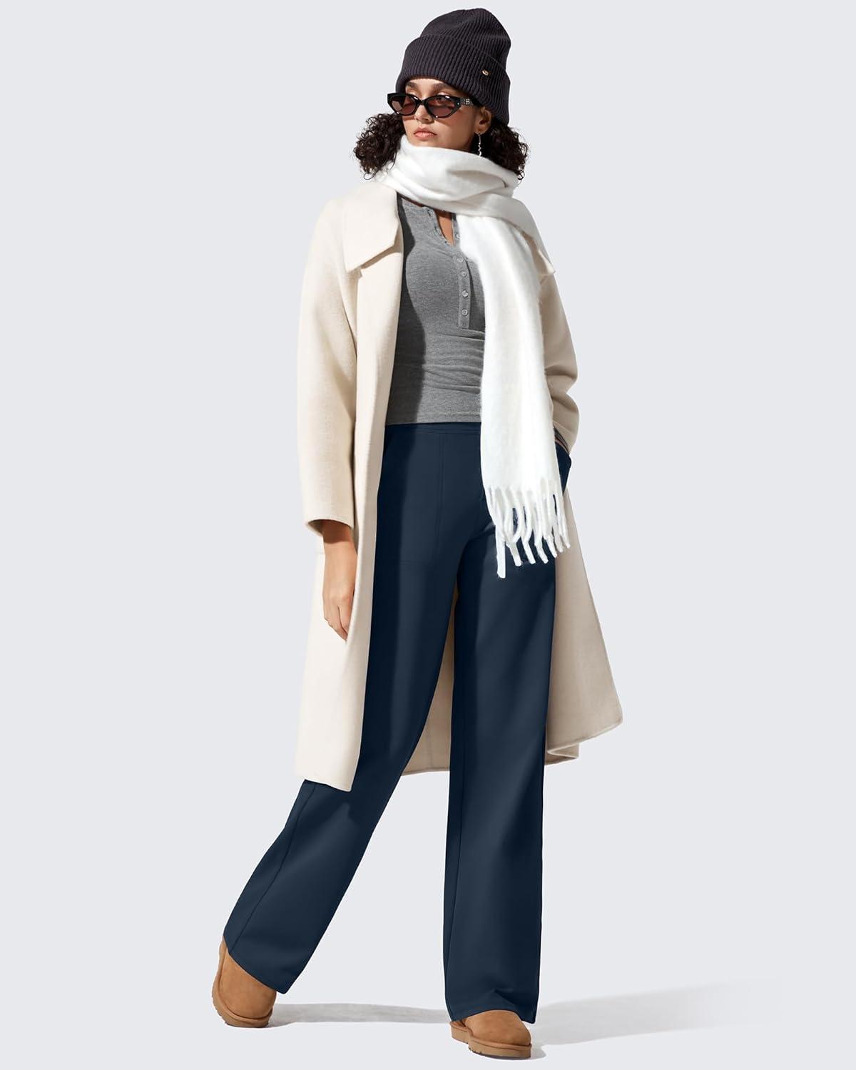 imageG4Free Women Fleece Lined Pants with Pockets Wide Leg Winter Thermal Work Trousers Dressy Casual PetiteRegularTallDeep Navy