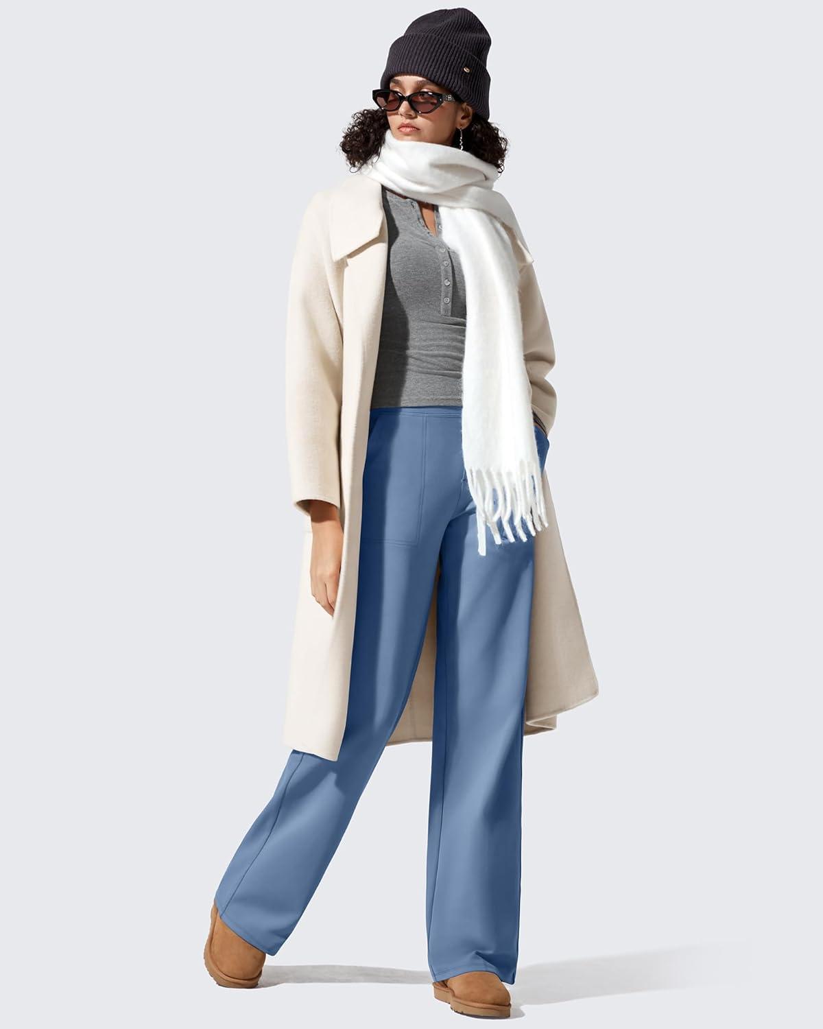 imageG4Free Women Fleece Lined Pants with Pockets Wide Leg Winter Thermal Work Trousers Dressy Casual PetiteRegularTallDenim Blue