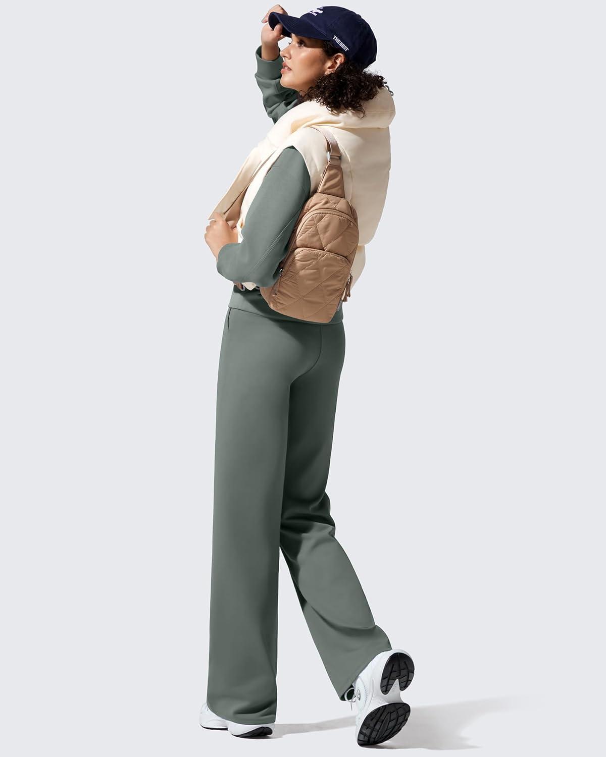 imageG4Free Women Fleece Lined Pants with Pockets Wide Leg Winter Thermal Work Trousers Dressy Casual PetiteRegularTallGray Sage
