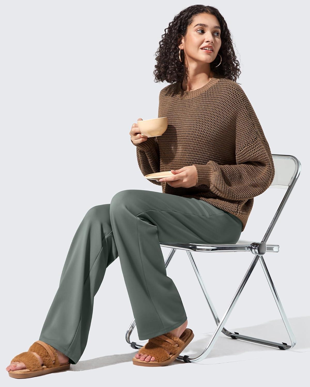 imageG4Free Women Fleece Lined Pants with Pockets Wide Leg Winter Thermal Work Trousers Dressy Casual PetiteRegularTallGray Sage