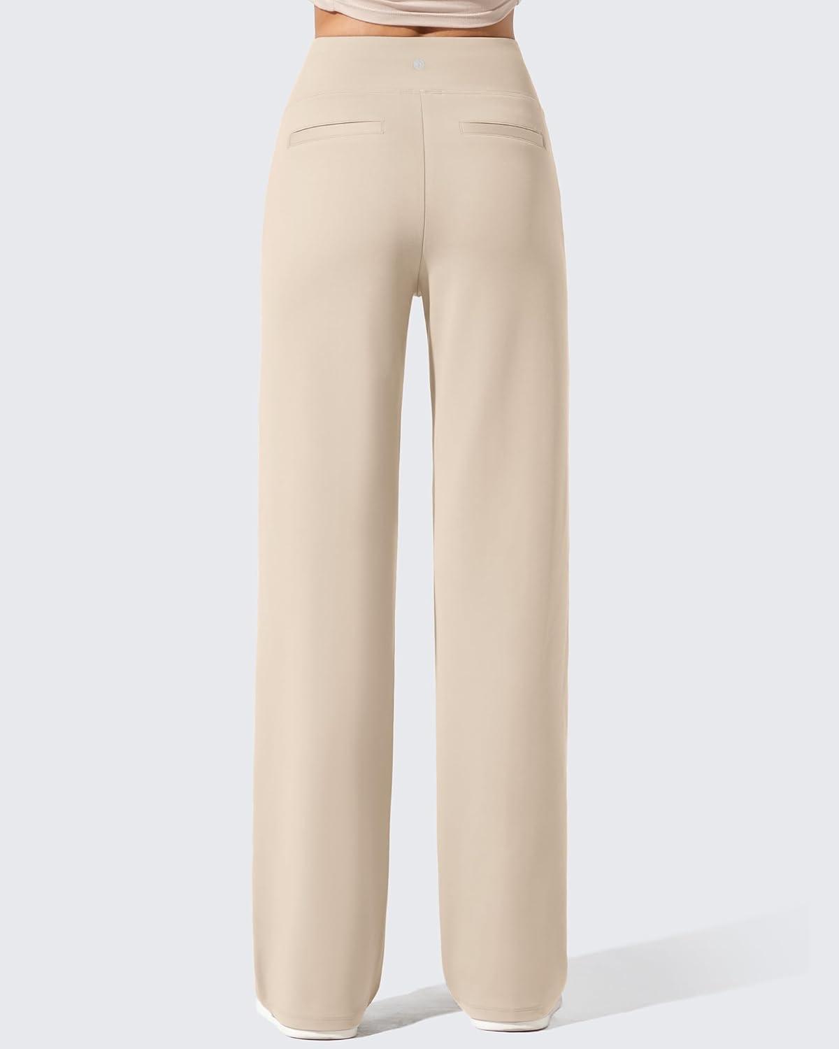 imageG4Free Women Fleece Lined Pants with Pockets Wide Leg Winter Thermal Work Trousers Dressy Casual PetiteRegularTallLight Khaki