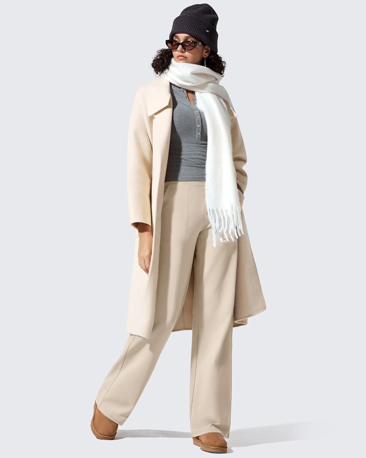 imageG4Free Women Fleece Lined Pants with Pockets Wide Leg Winter Thermal Work Trousers Dressy Casual PetiteRegularTallLight Khaki