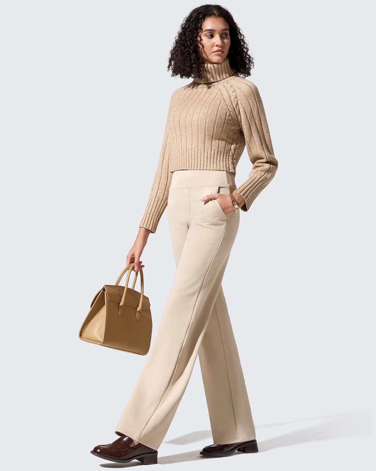 imageG4Free Women Fleece Lined Pants with Pockets Wide Leg Winter Thermal Work Trousers Dressy Casual PetiteRegularTallLight Khaki