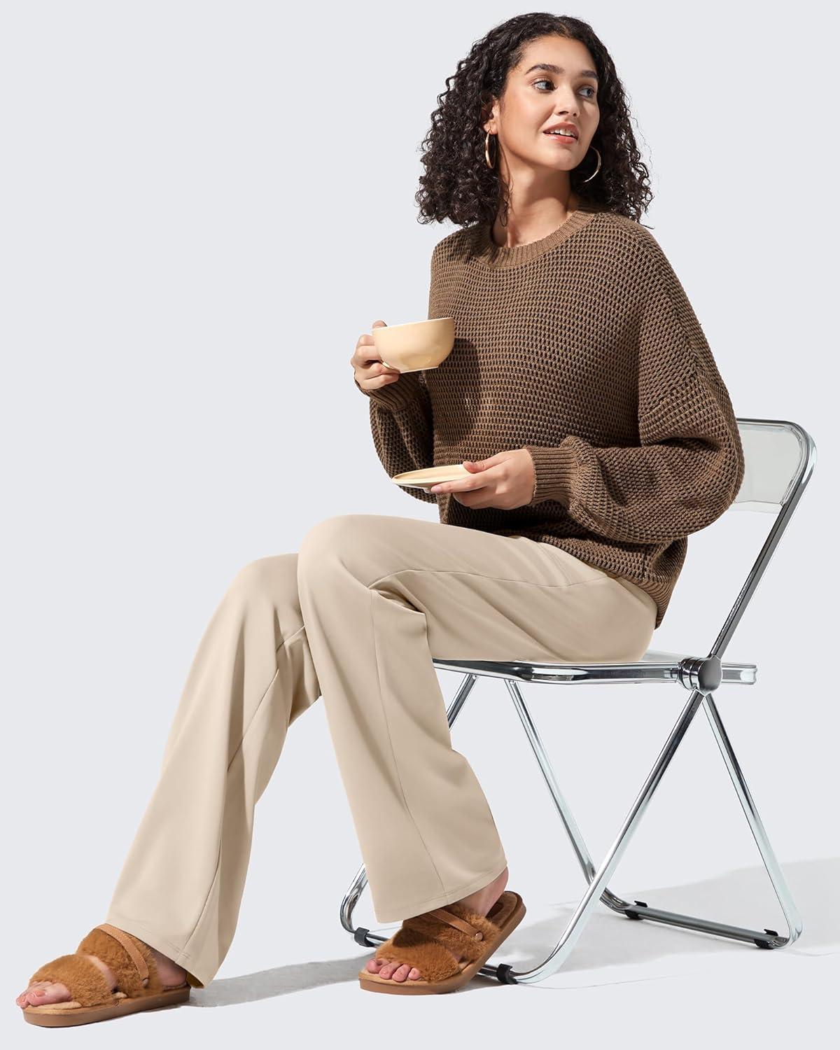 imageG4Free Women Fleece Lined Pants with Pockets Wide Leg Winter Thermal Work Trousers Dressy Casual PetiteRegularTallLight Khaki