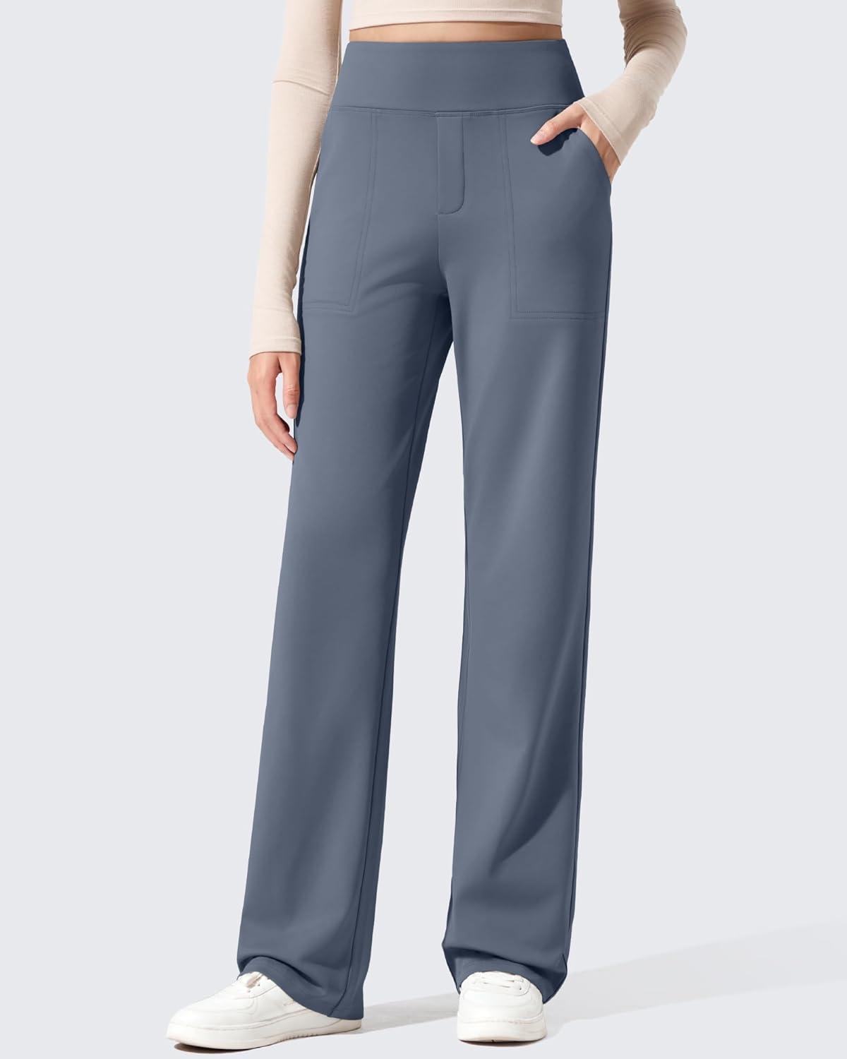 imageG4Free Women Fleece Lined Pants with Pockets Wide Leg Winter Thermal Work Trousers Dressy Casual PetiteRegularTallSlate Gray