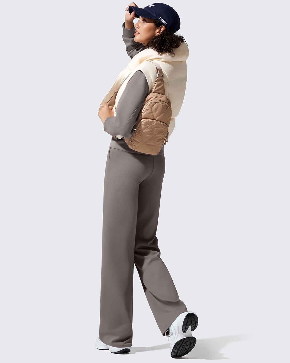 imageG4Free Women Fleece Lined Pants with Pockets Wide Leg Winter Thermal Work Trousers Dressy Casual PetiteRegularTallTaupe