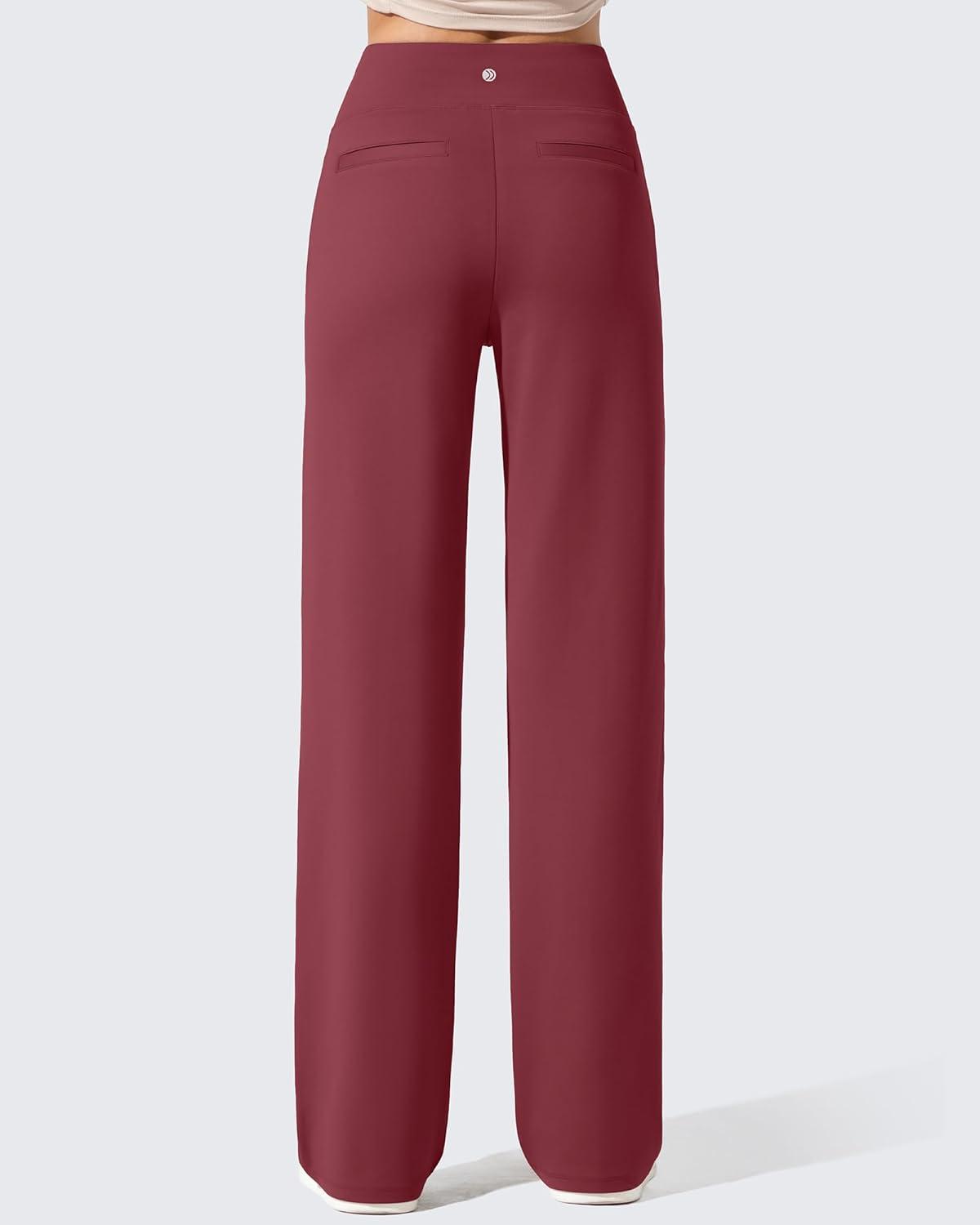 imageG4Free Women Fleece Lined Pants with Pockets Wide Leg Winter Thermal Work Trousers Dressy Casual PetiteRegularTallWine Red