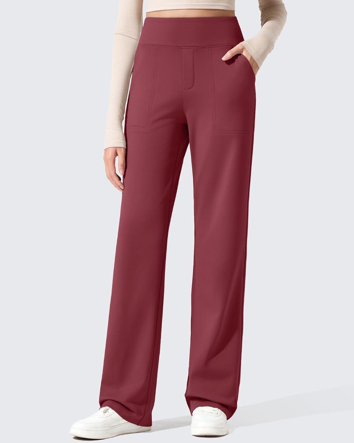 imageG4Free Women Fleece Lined Pants with Pockets Wide Leg Winter Thermal Work Trousers Dressy Casual PetiteRegularTallWine Red