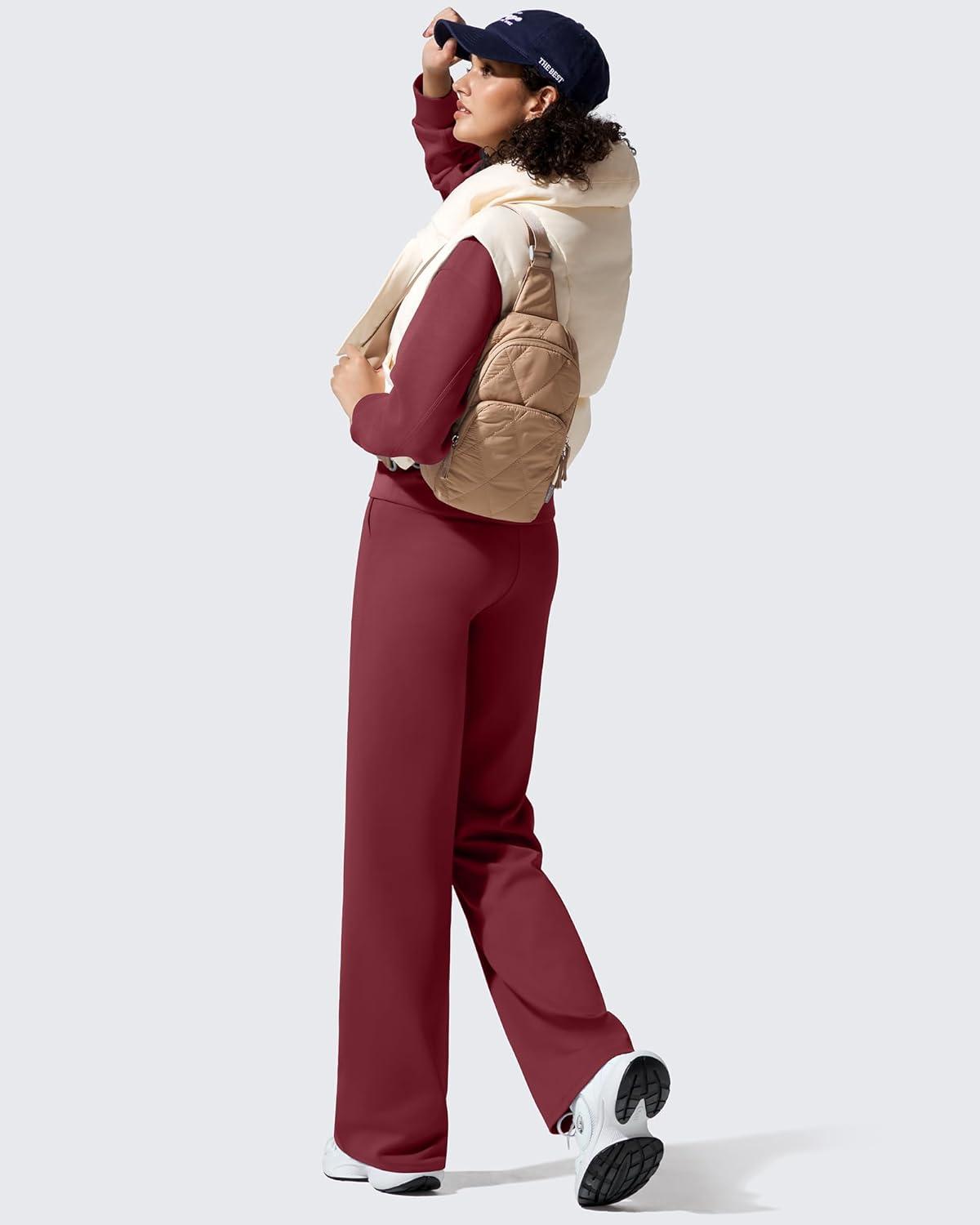 imageG4Free Women Fleece Lined Pants with Pockets Wide Leg Winter Thermal Work Trousers Dressy Casual PetiteRegularTallWine Red