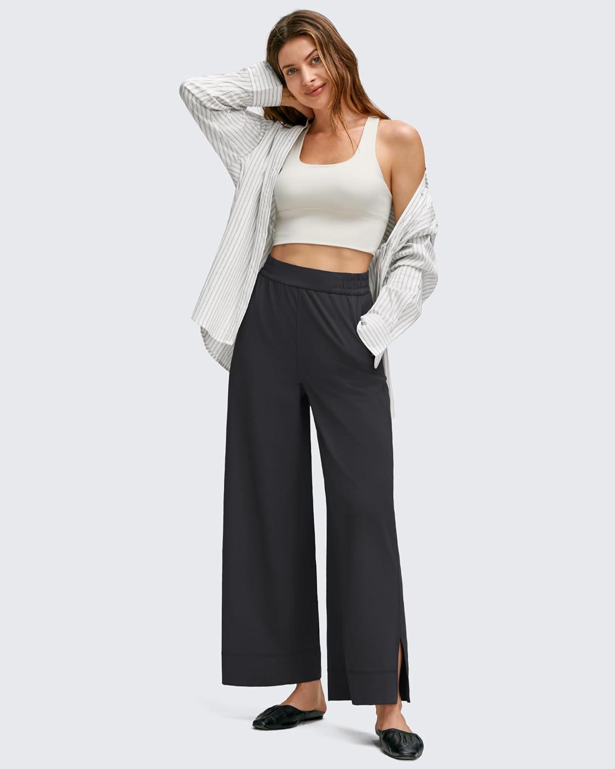 imageG4Free Women Lightweight Wide Leg Ankle Track Pants with Pockets Stretchy Casual Travel TrousersBlack