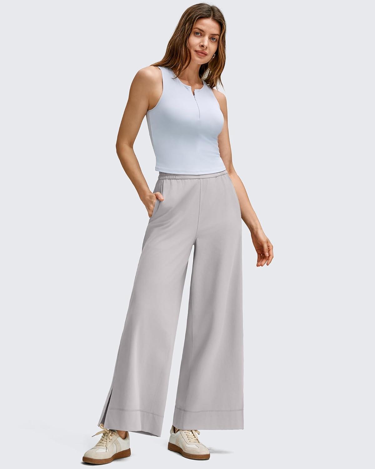 imageG4Free Women Lightweight Wide Leg Ankle Track Pants with Pockets Stretchy Casual Travel TrousersChrim Gray