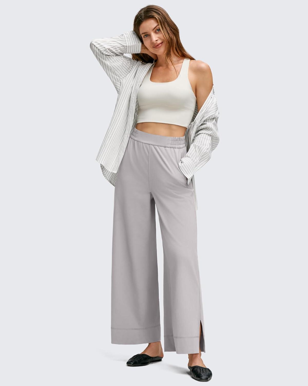 imageG4Free Women Lightweight Wide Leg Ankle Track Pants with Pockets Stretchy Casual Travel TrousersChrim Gray