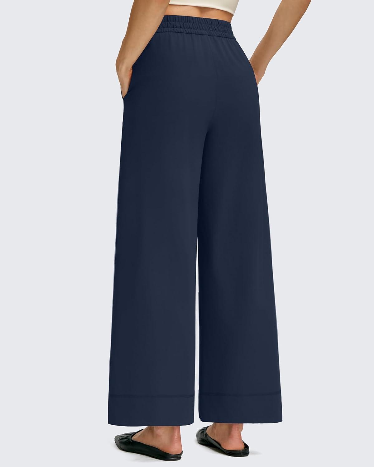 imageG4Free Women Lightweight Wide Leg Ankle Track Pants with Pockets Stretchy Casual Travel TrousersDark Navy