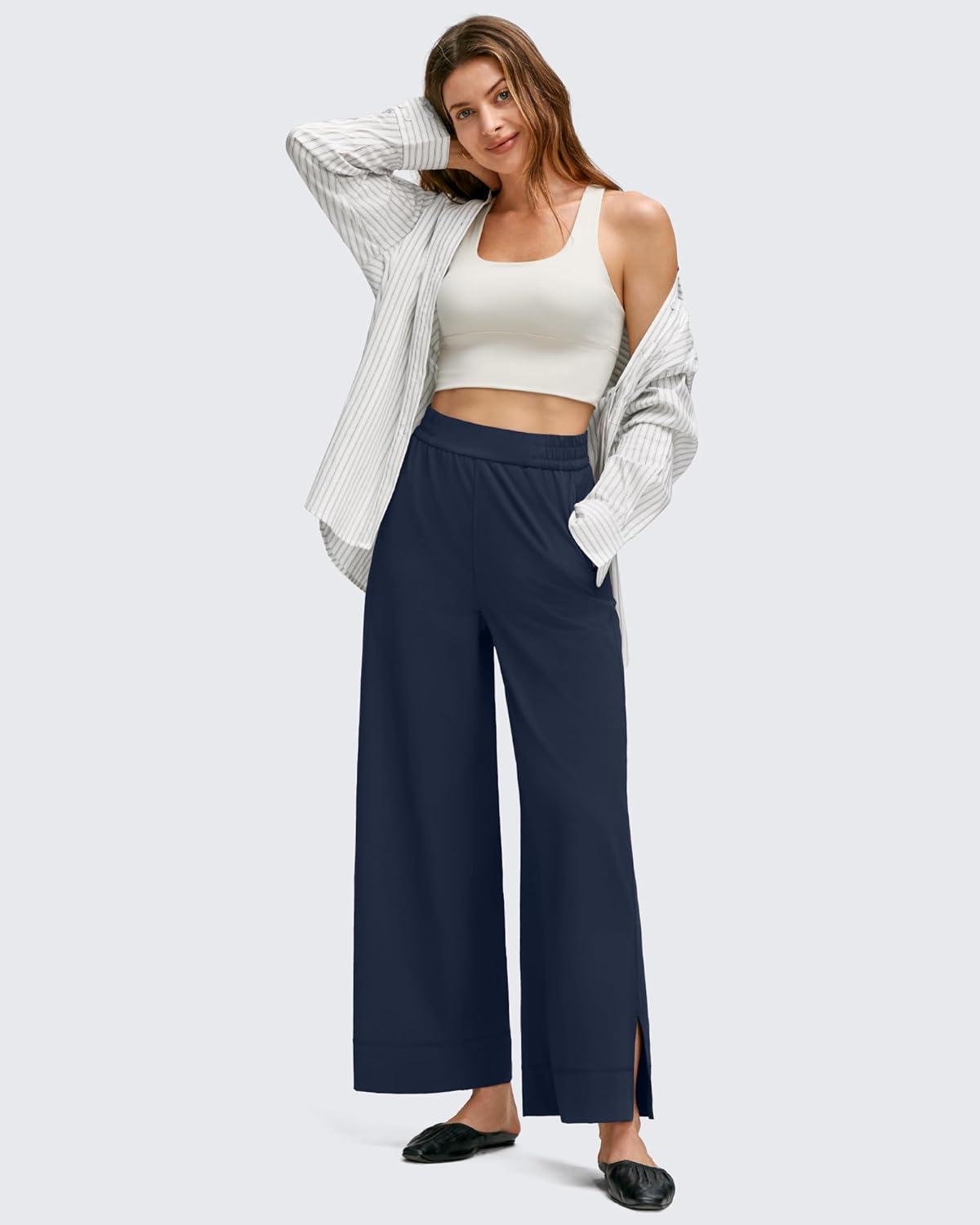 imageG4Free Women Lightweight Wide Leg Ankle Track Pants with Pockets Stretchy Casual Travel TrousersDark Navy