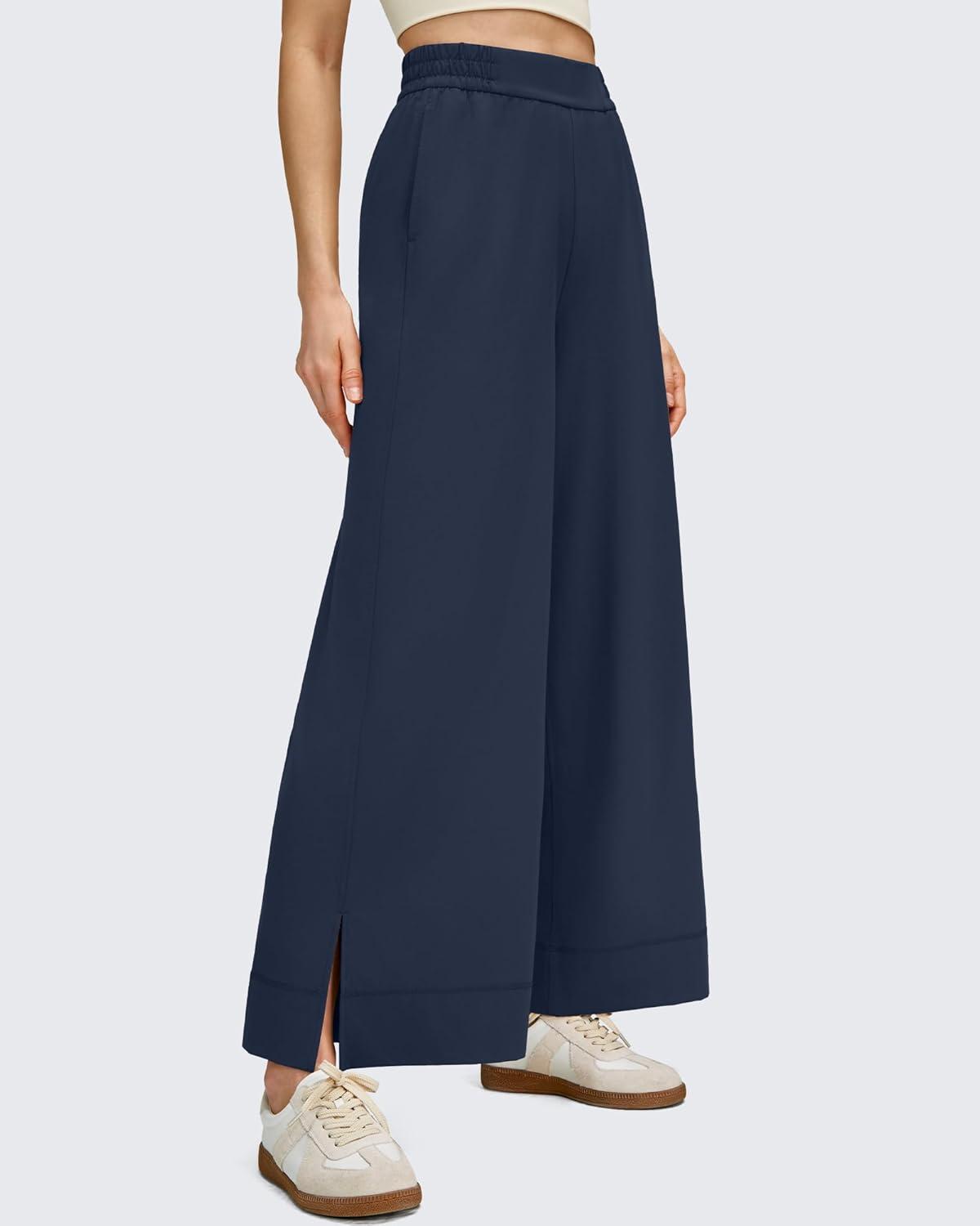 imageG4Free Women Lightweight Wide Leg Ankle Track Pants with Pockets Stretchy Casual Travel TrousersDark Navy
