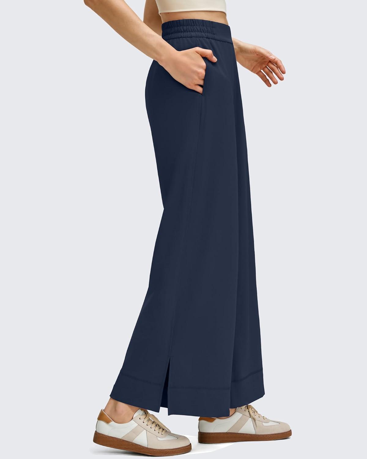 imageG4Free Women Lightweight Wide Leg Ankle Track Pants with Pockets Stretchy Casual Travel TrousersDark Navy