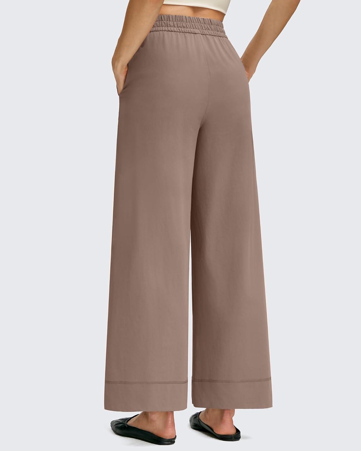 imageG4Free Women Lightweight Wide Leg Ankle Track Pants with Pockets Stretchy Casual Travel TrousersMocha Cream