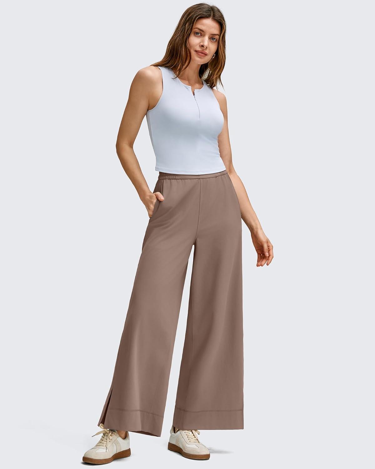 imageG4Free Women Lightweight Wide Leg Ankle Track Pants with Pockets Stretchy Casual Travel TrousersMocha Cream