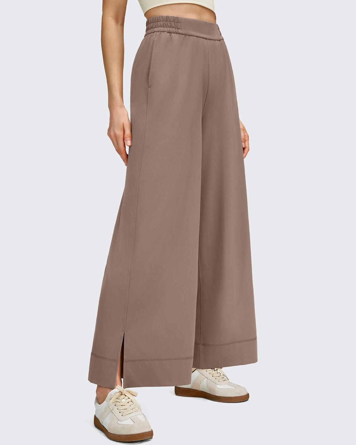 imageG4Free Women Lightweight Wide Leg Ankle Track Pants with Pockets Stretchy Casual Travel TrousersMocha Cream