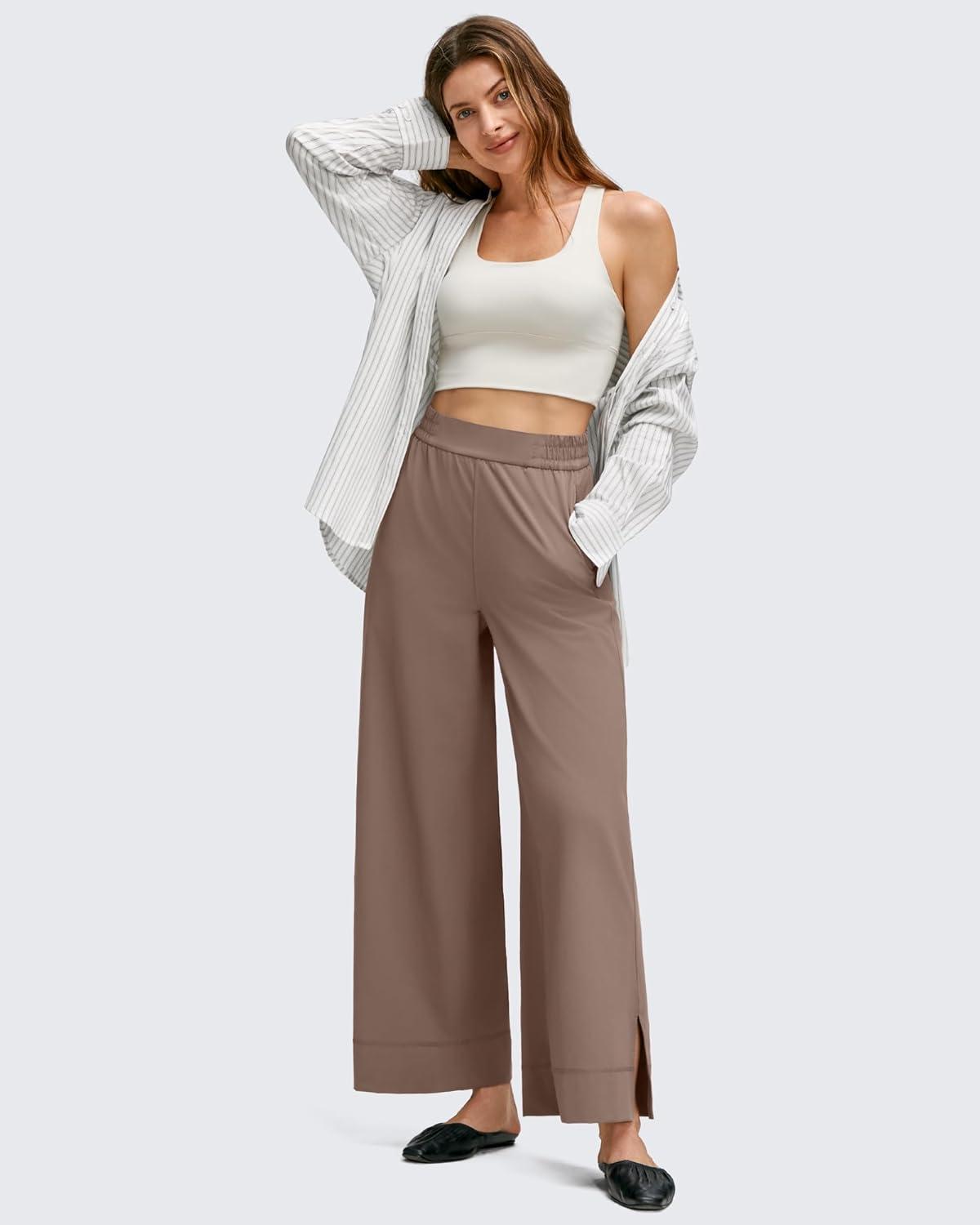 imageG4Free Women Lightweight Wide Leg Ankle Track Pants with Pockets Stretchy Casual Travel TrousersMocha Cream