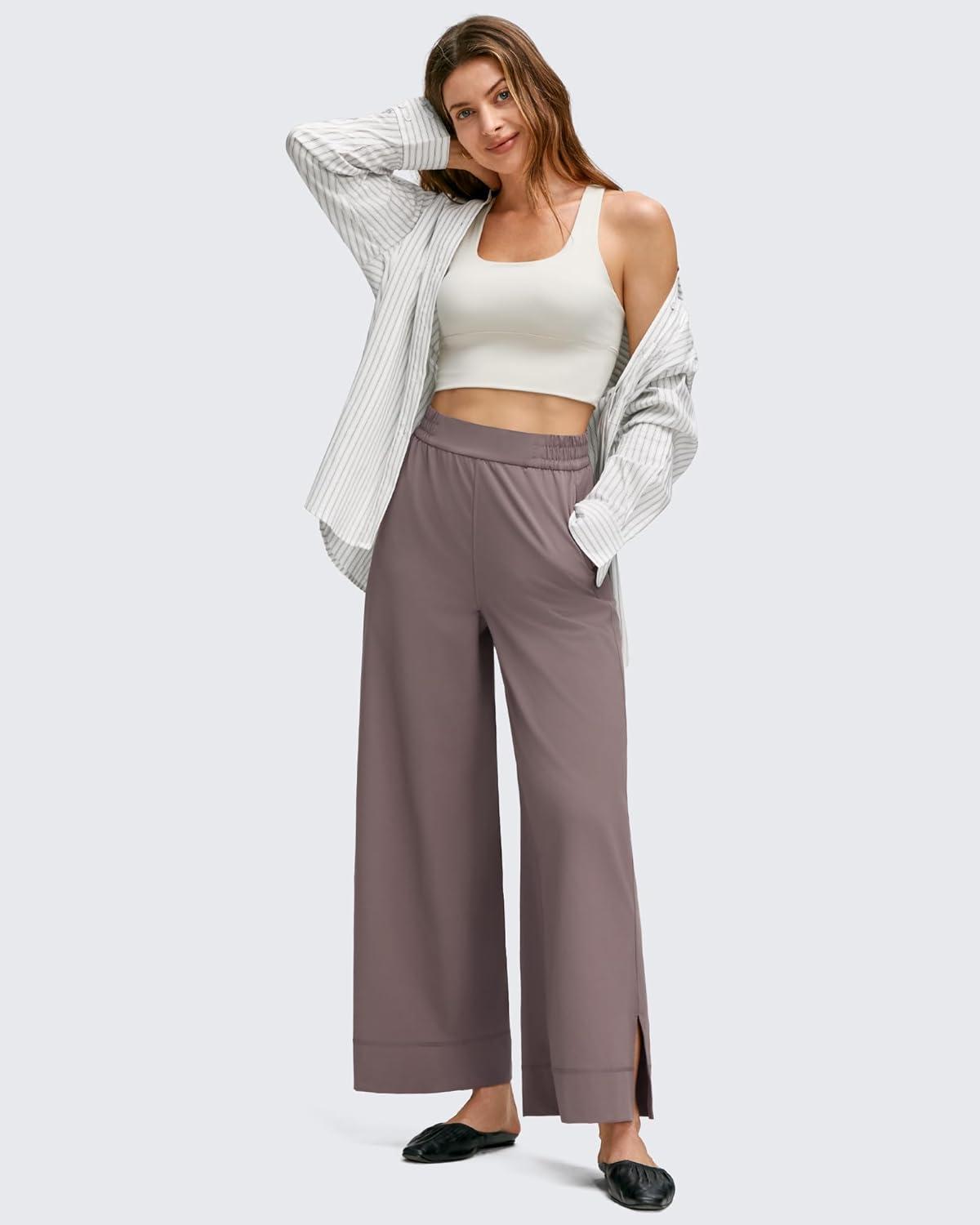 imageG4Free Women Lightweight Wide Leg Ankle Track Pants with Pockets Stretchy Casual Travel TrousersTaupe