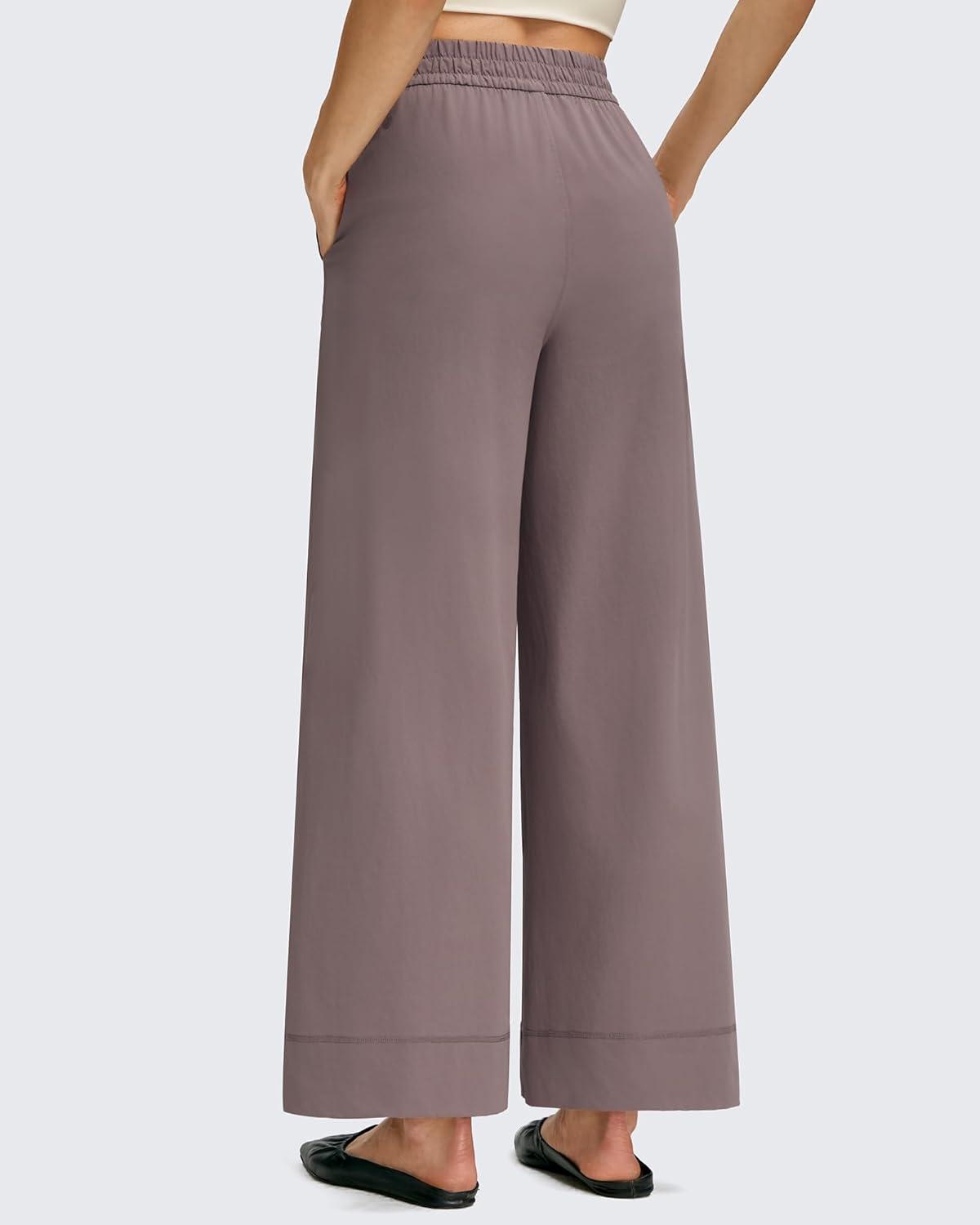 imageG4Free Women Lightweight Wide Leg Ankle Track Pants with Pockets Stretchy Casual Travel TrousersTaupe