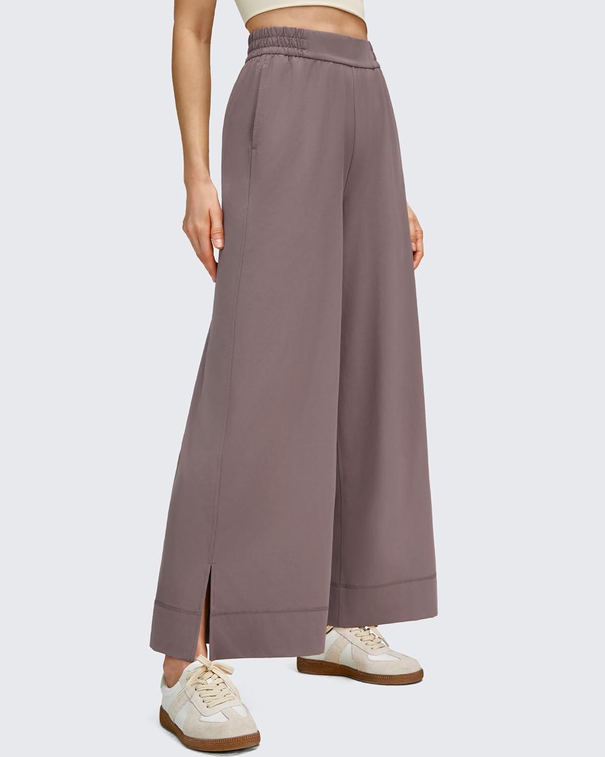 imageG4Free Women Lightweight Wide Leg Ankle Track Pants with Pockets Stretchy Casual Travel TrousersTaupe