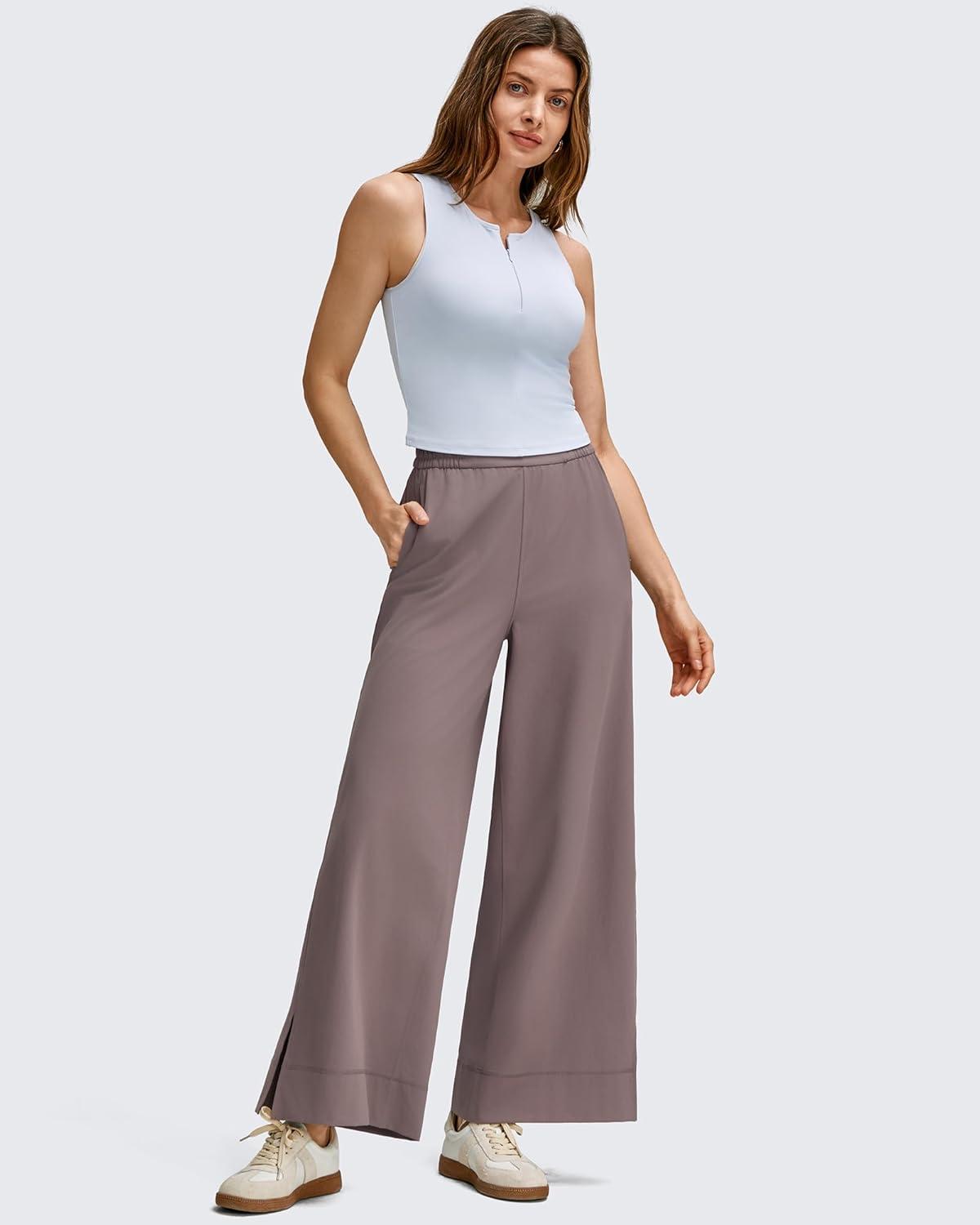imageG4Free Women Lightweight Wide Leg Ankle Track Pants with Pockets Stretchy Casual Travel TrousersTaupe