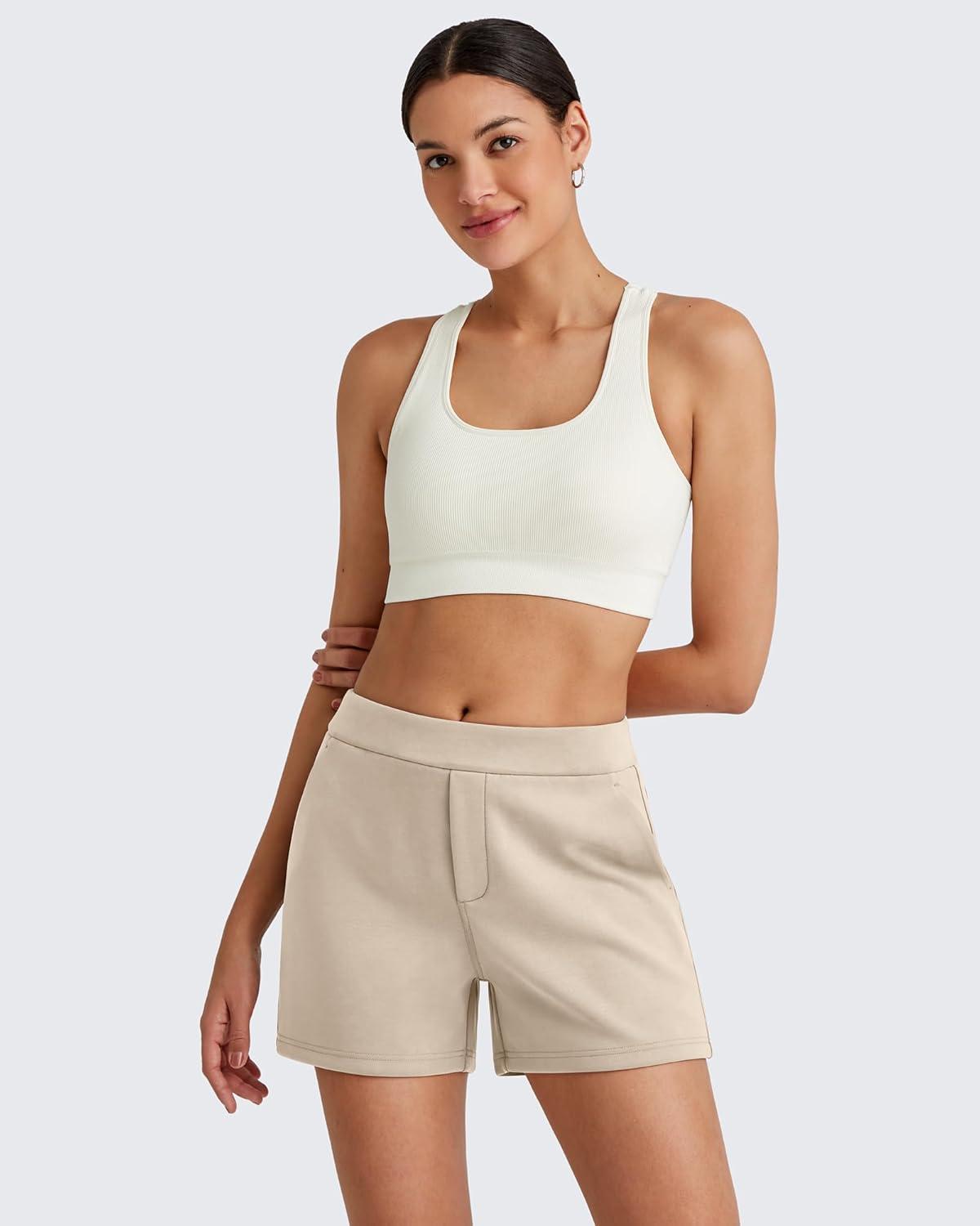 imageG4Free Womens 4 Athletic Shorts Elastic High Waisted Workout Running Shorts Summer Casual Shorts with PocketsLight Khaki