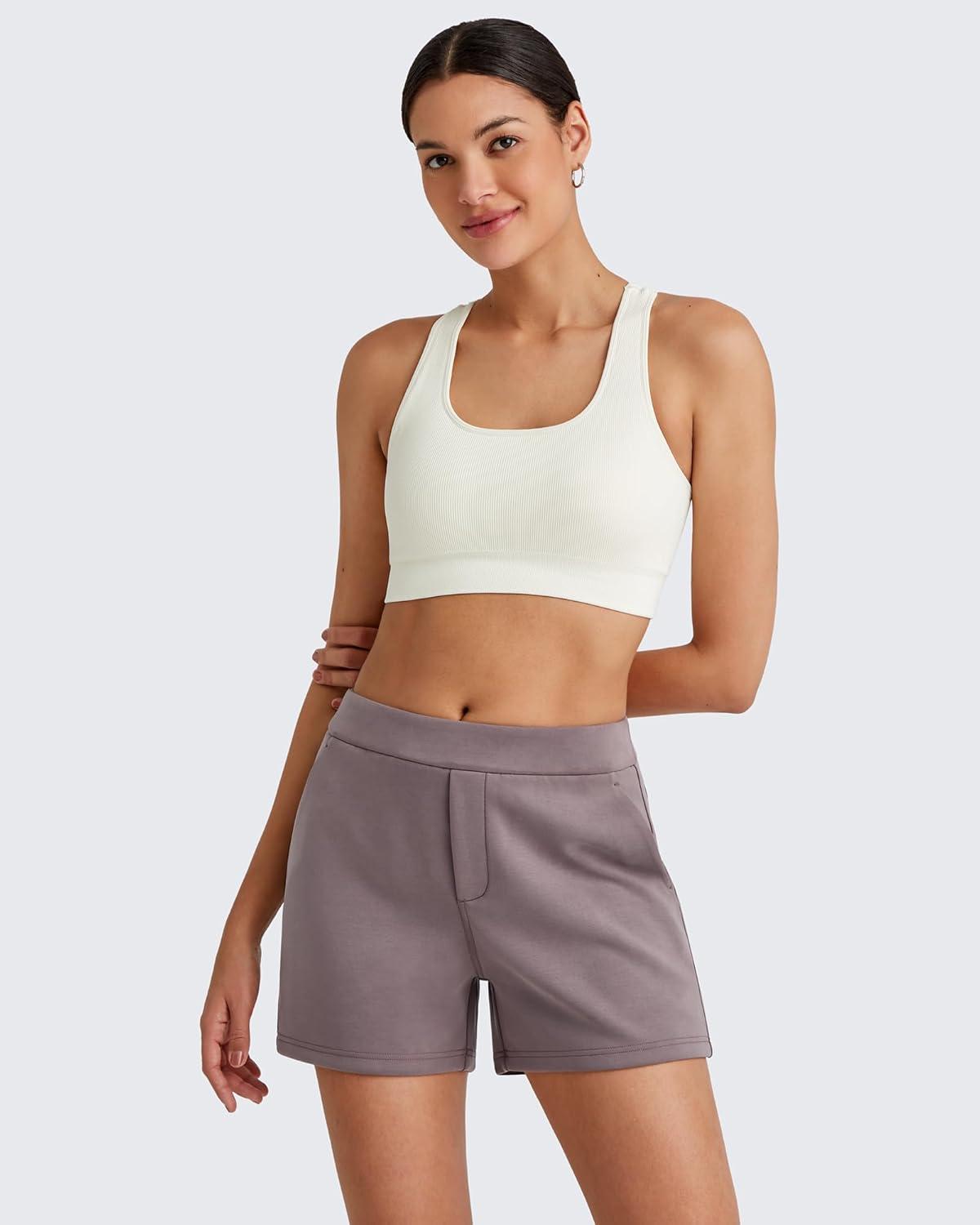 imageG4Free Womens 4 Athletic Shorts Elastic High Waisted Workout Running Shorts Summer Casual Shorts with PocketsTaupe